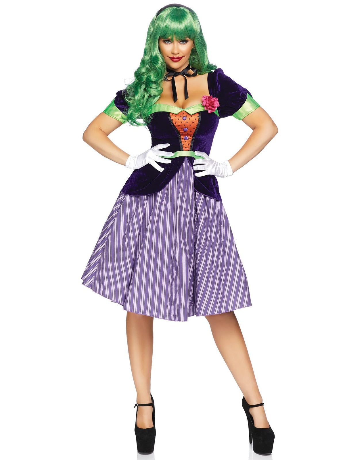 2 PC Comic Book Baddie Costume, Includes Velvet Coat Dress with Striped Skirt and Lapel Flower, Attached Ribbon Sash, and Ribbon Neck Tie