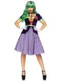 2 PC Comic Book Baddie Costume, Includes Velvet Coat Dress with Striped Skirt and Lapel Flower, Attached Ribbon Sash, and Ribbon Neck Tie