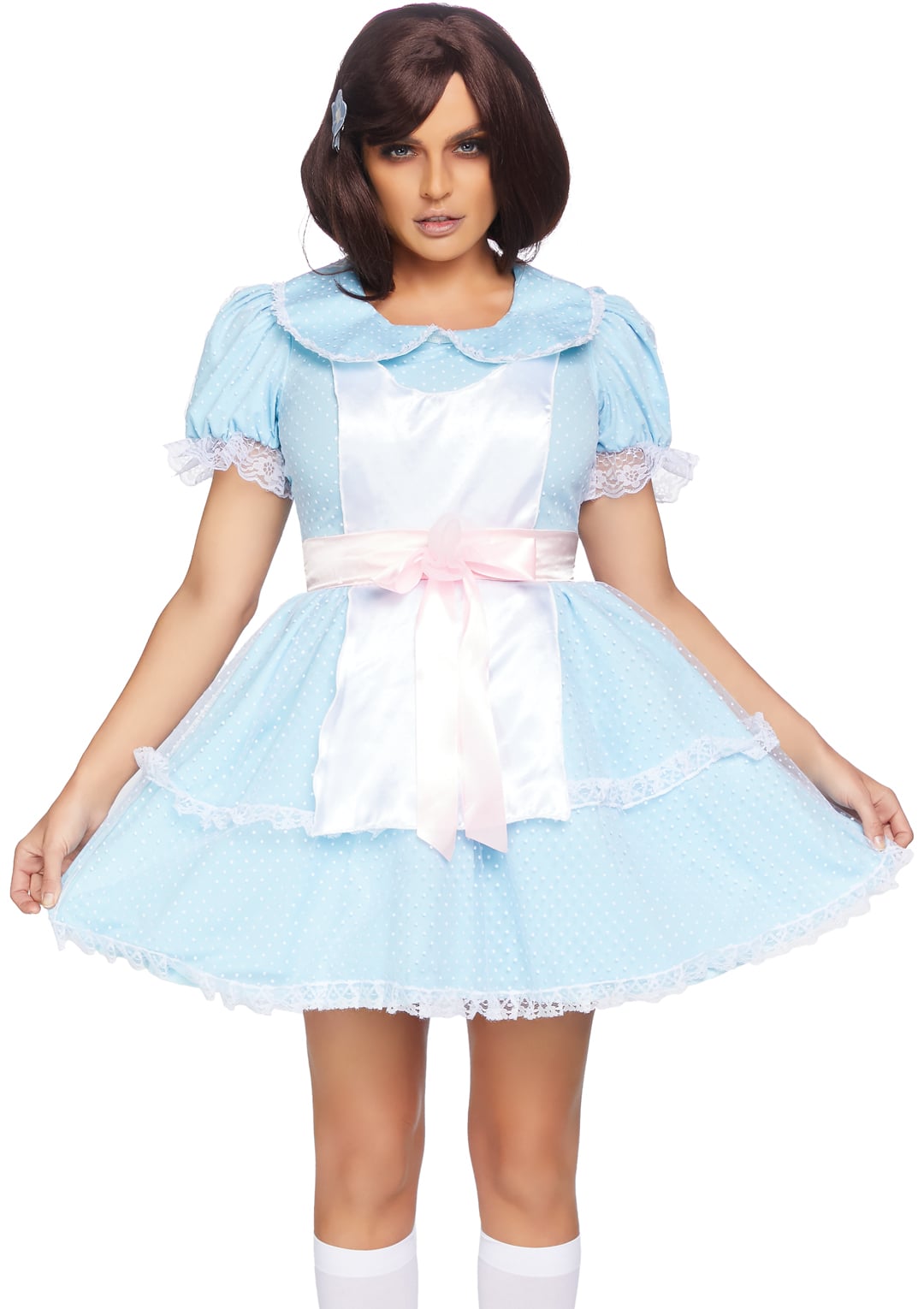 2 PC Creepy Sibling Costume, Includes Dotted Dress with Attached Satin Bow Sash and Flower Hair Clip