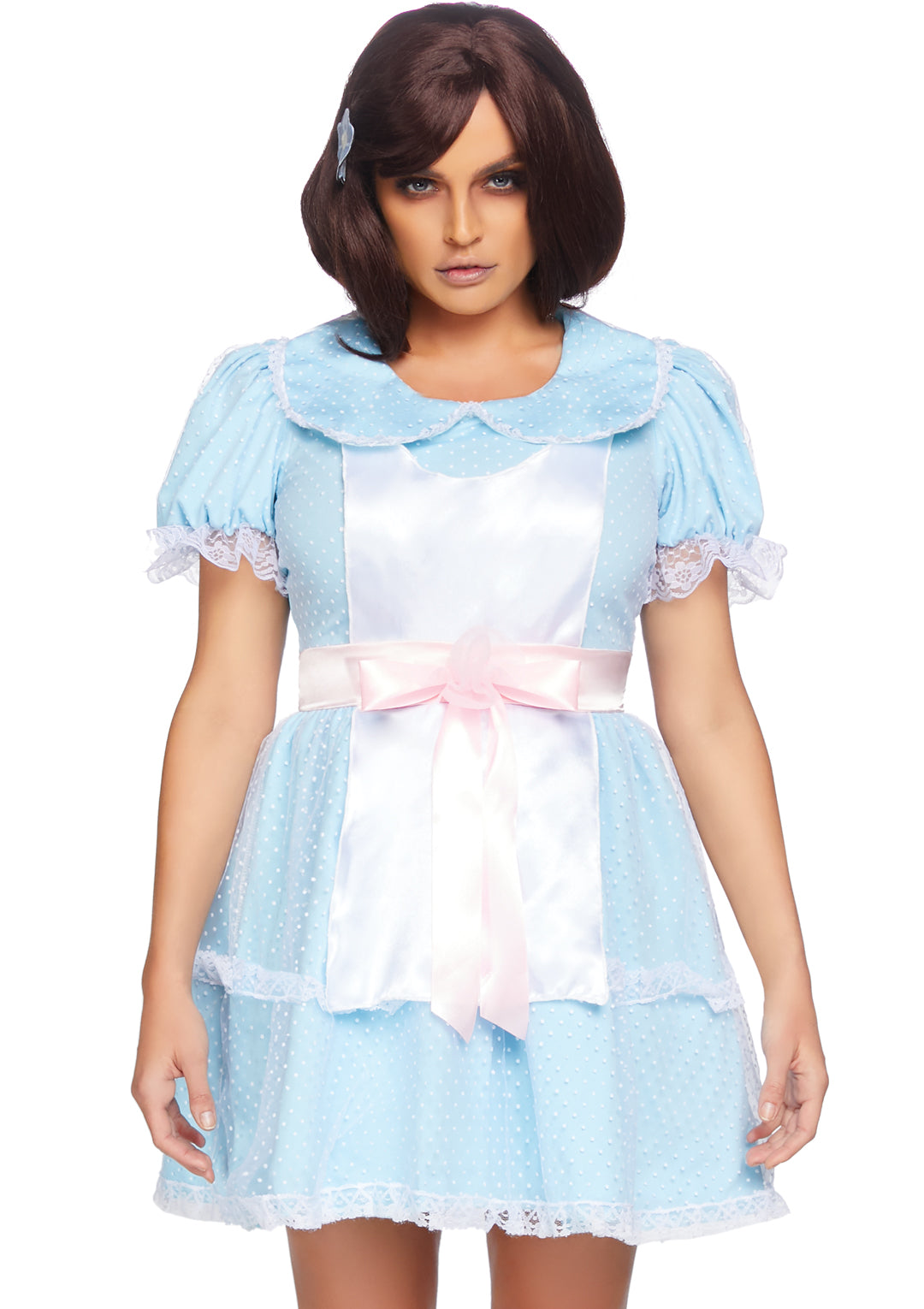 2 PC Creepy Sibling Costume, Includes Dotted Dress with Attached Satin Bow Sash and Flower Hair Clip