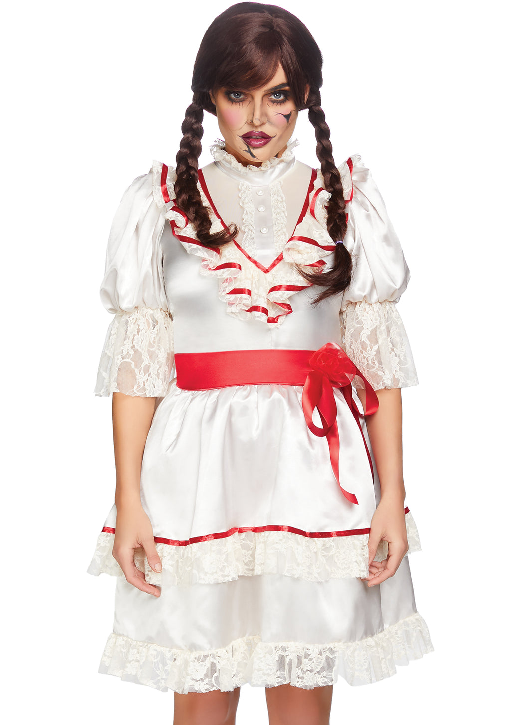 1 PC Haunted Doll Costume, Includes Satin Lace Trimmed Antique Doll Dress with Attached Bow Sash