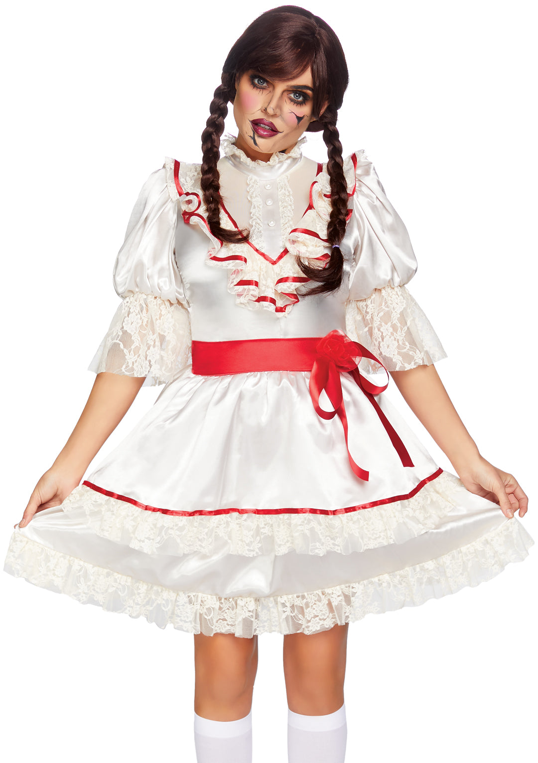 1 PC Haunted Doll Costume, Includes Satin Lace Trimmed Antique Doll Dress with Attached Bow Sash