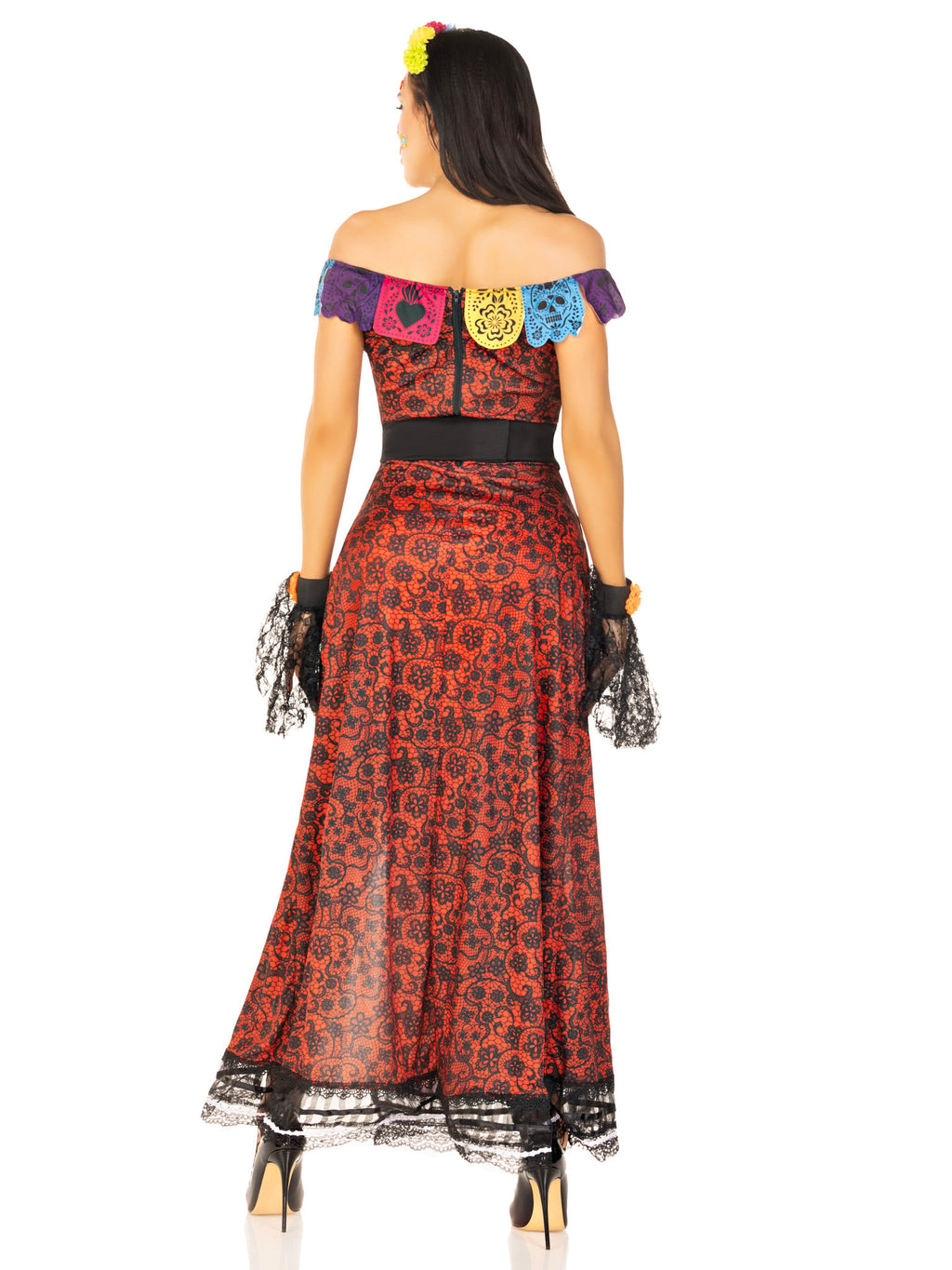5 PC Deluxe Day of The Dead Beauty Costume, Includes Dual Slit Printed Lace Dress with Banner Bodice, Detachable Clear Straps, Lace Wrist Cuffs, Skeleton Waist Cincher, and Floral Headband