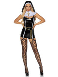 4 PC Sinful Sister Costume, Includes Vinyl Romper, Rope Belt, Collar, and Nun Habit