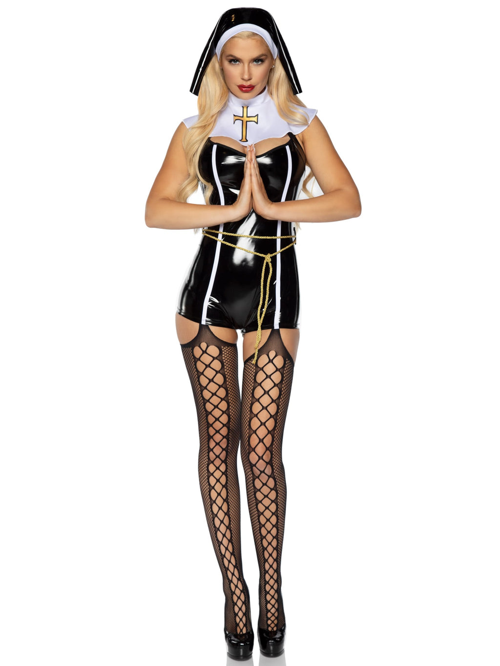 4 PC Sinful Sister Costume, Includes Vinyl Romper, Rope Belt, Collar, and Nun Habit