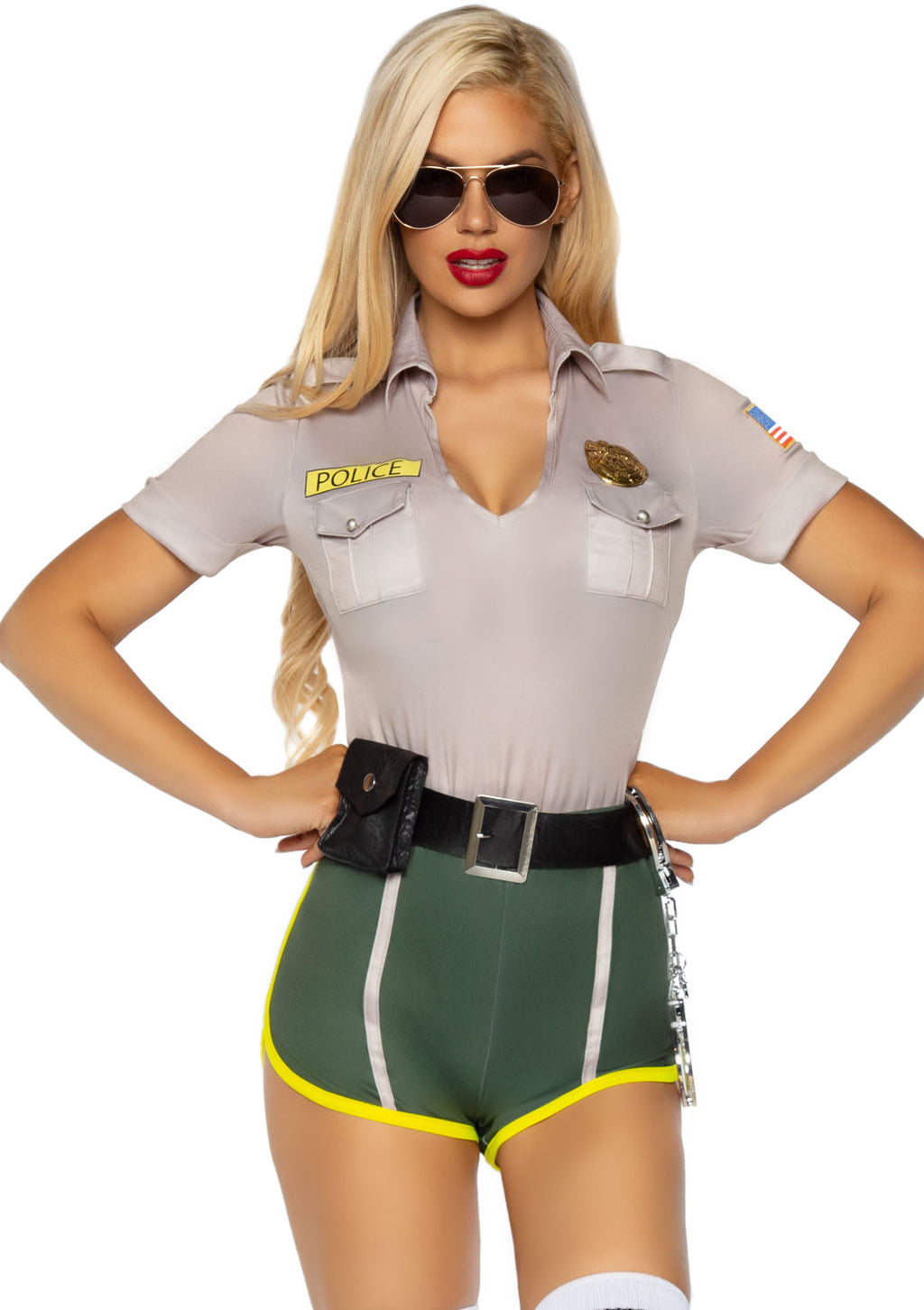4 PC Hot Cop Costume, Includes Top with Badge Accents, Dolphin Shorts with Donut Pocket Detail, Belt, and Toy Handcuffs