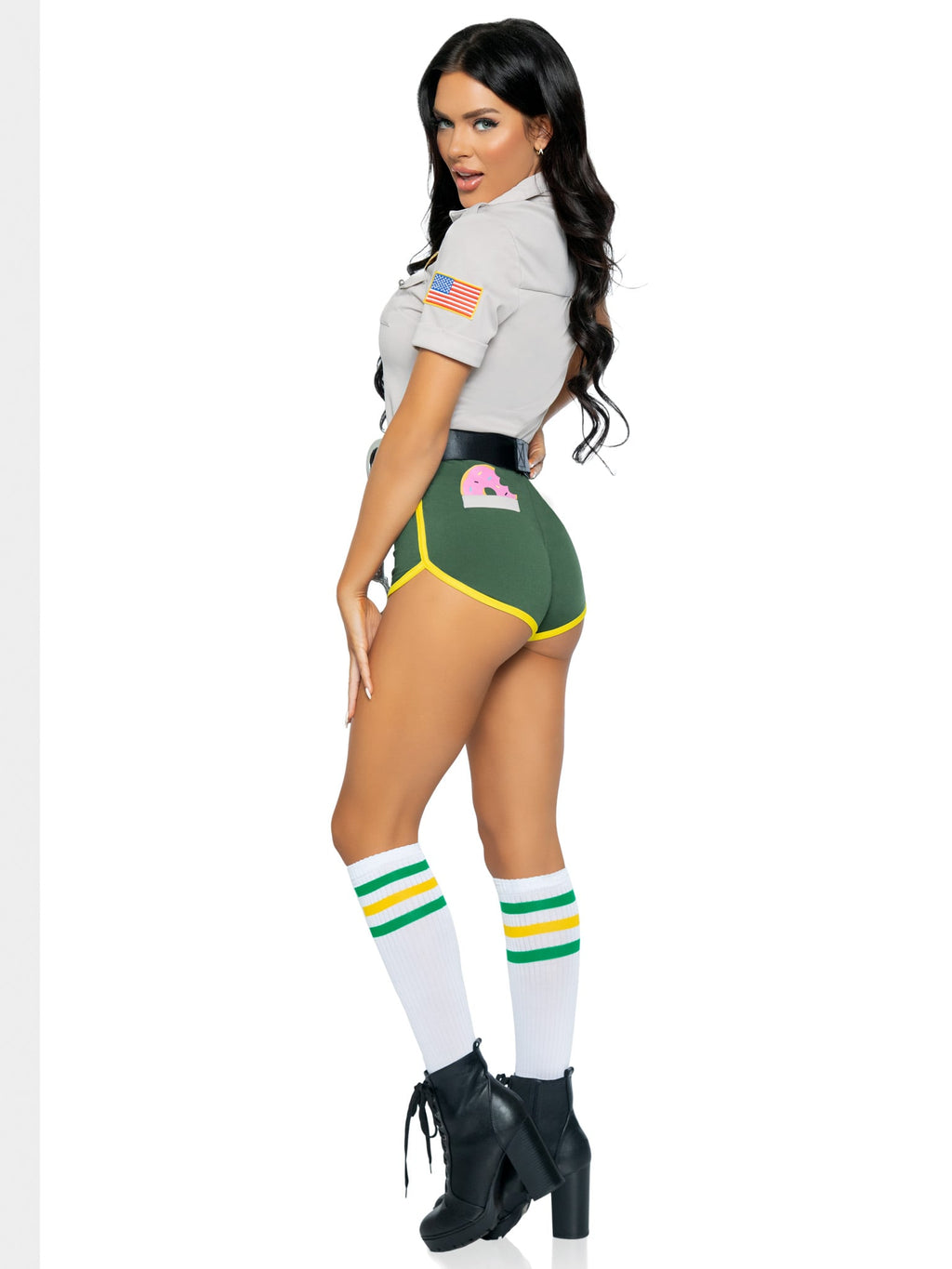 4 PC Hot Cop Costume, Includes Top with Badge Accents, Dolphin Shorts with Donut Pocket Detail, Belt, and Toy Handcuffs