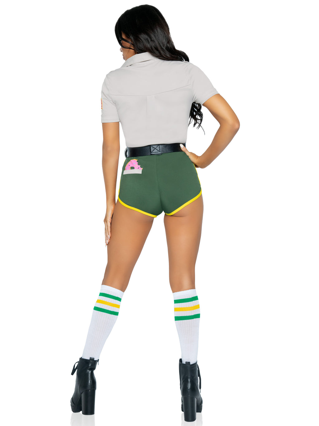 4 PC Hot Cop Costume, Includes Top with Badge Accents, Dolphin Shorts with Donut Pocket Detail, Belt, and Toy Handcuffs