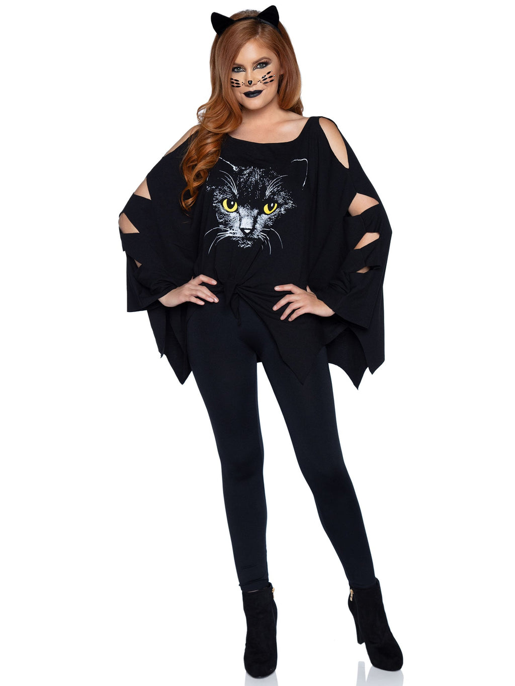 2 PC Cat Poncho Costume, Includes Cat Face Poncho With Cut-Out Sleeves, Knotted Front Accent, and Cat Ear Headband