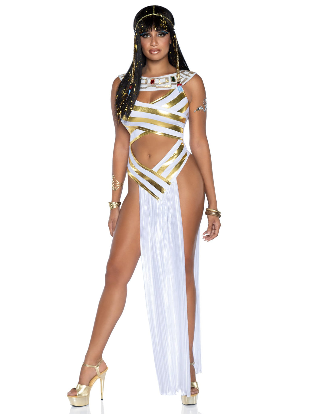 2 PC Egyptian Goddess Costume, Includes Striped Cut-Out Dress with Ornate Jeweled Collar and Pleated Panel Satin Skirt, and Matching Beaded Head Piece