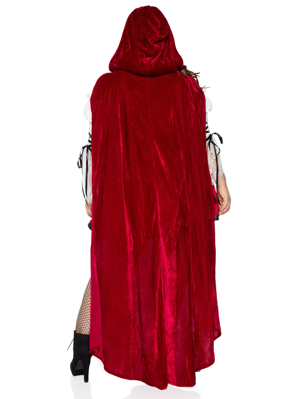 Plus Size 2 PC Storybook Red Riding Hood Costume, Includes Lace Trimmed Peasant Dress with Lace-Up Waist and Satin Trimmed Split Skirt, Attached Long Hooded Cape, and Choker