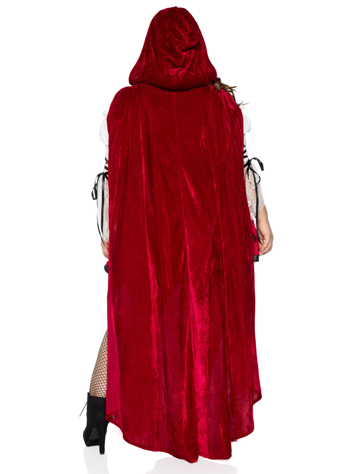 Plus Size 2 PC Storybook Red Riding Hood Costume, Includes Lace Trimmed Peasant Dress with Lace-Up Waist and Satin Trimmed Split Skirt, Attached Long Hooded Cape, and Choker