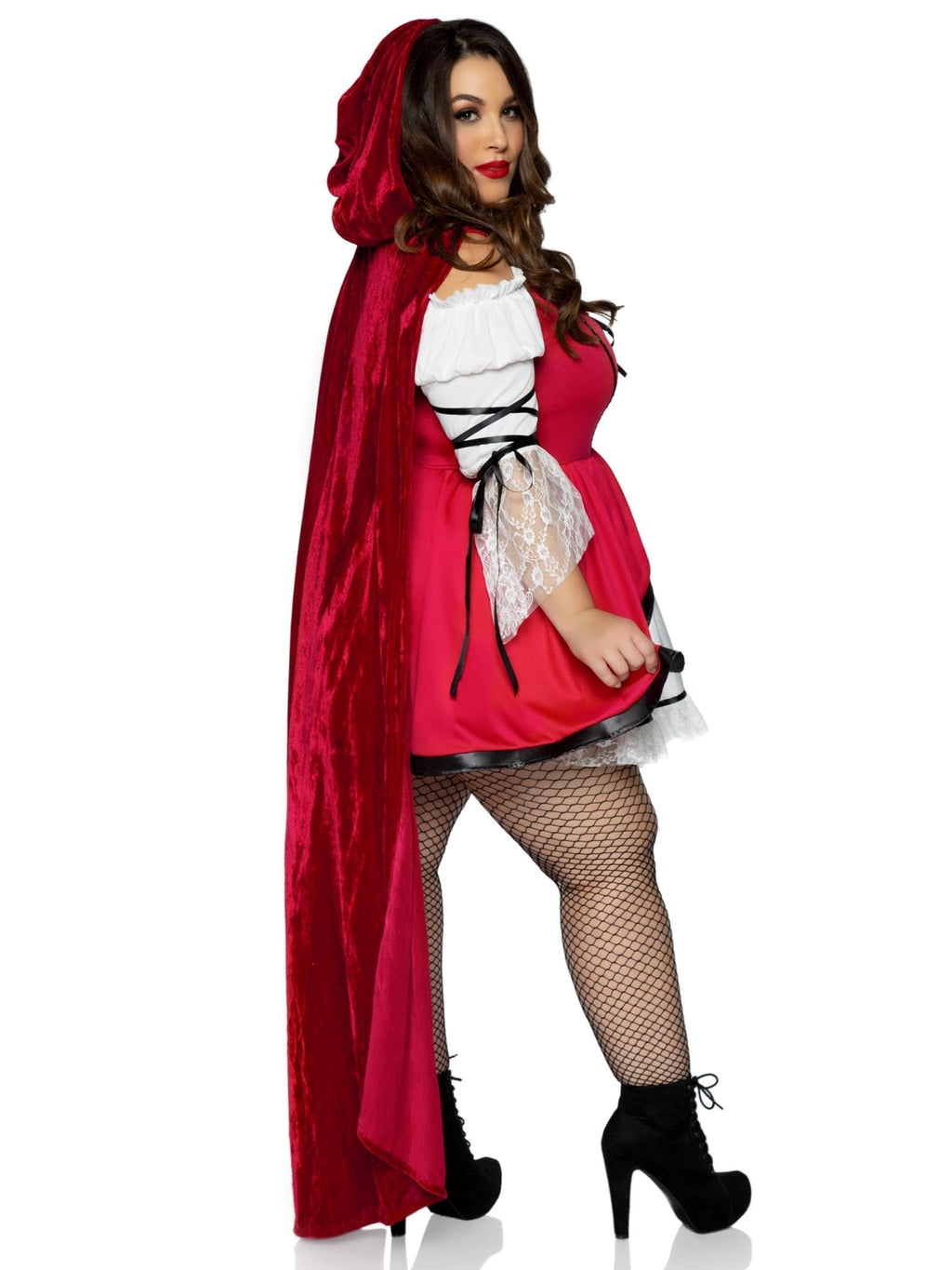 Plus Size 2 PC Storybook Red Riding Hood Costume, Includes Lace Trimmed Peasant Dress with Lace-Up Waist and Satin Trimmed Split Skirt, Attached Long Hooded Cape, and Choker