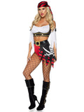 4 PC Wicked Pirate Wench Costume, Includes Peasant Top with Chain Accent, Tattered Split Sleeves, Head Scarf, and High Waist Shorts with Attached Pirate Flag