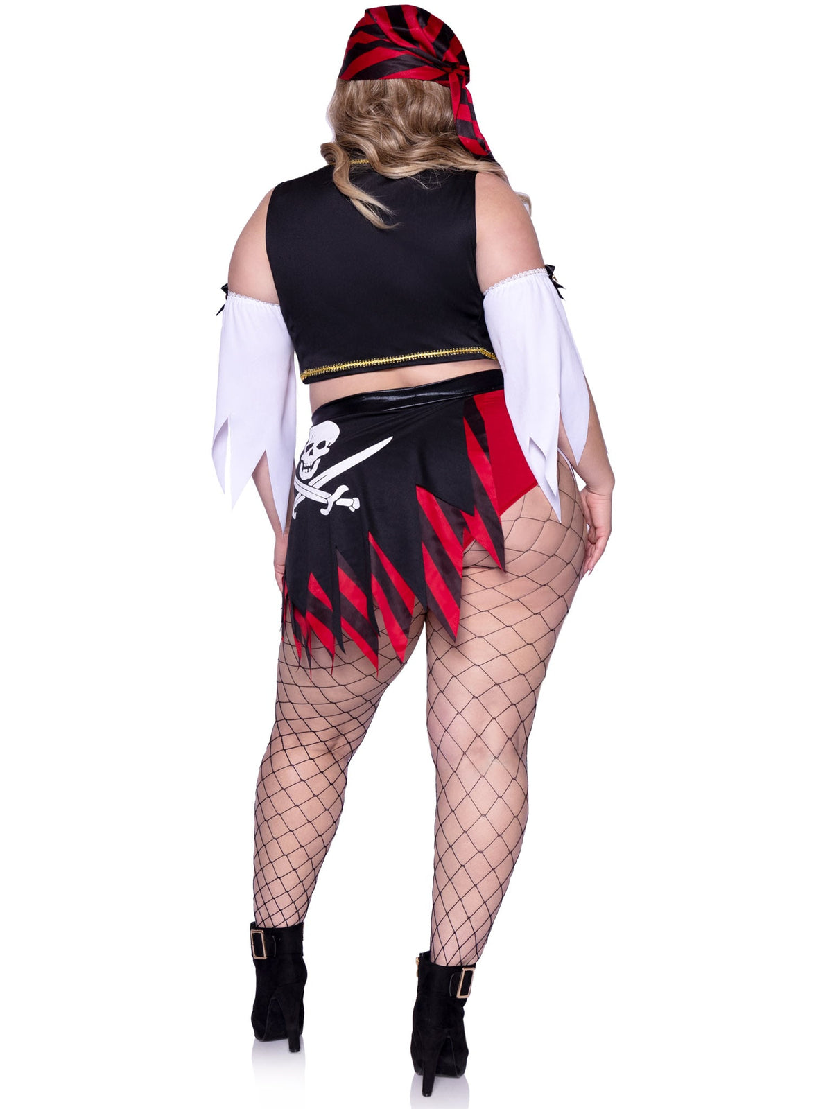 Plus Size 4 PC Wicked Pirate Wench Costume, Includes Peasant Top with Chain Accent, Tattered Split Sleeves, Head Scarf, and High Waist Shorts with Attached Pirate Flag