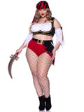 Plus Size 4 PC Wicked Pirate Wench Costume, Includes Peasant Top with Chain Accent, Tattered Split Sleeves, Head Scarf, and High Waist Shorts with Attached Pirate Flag