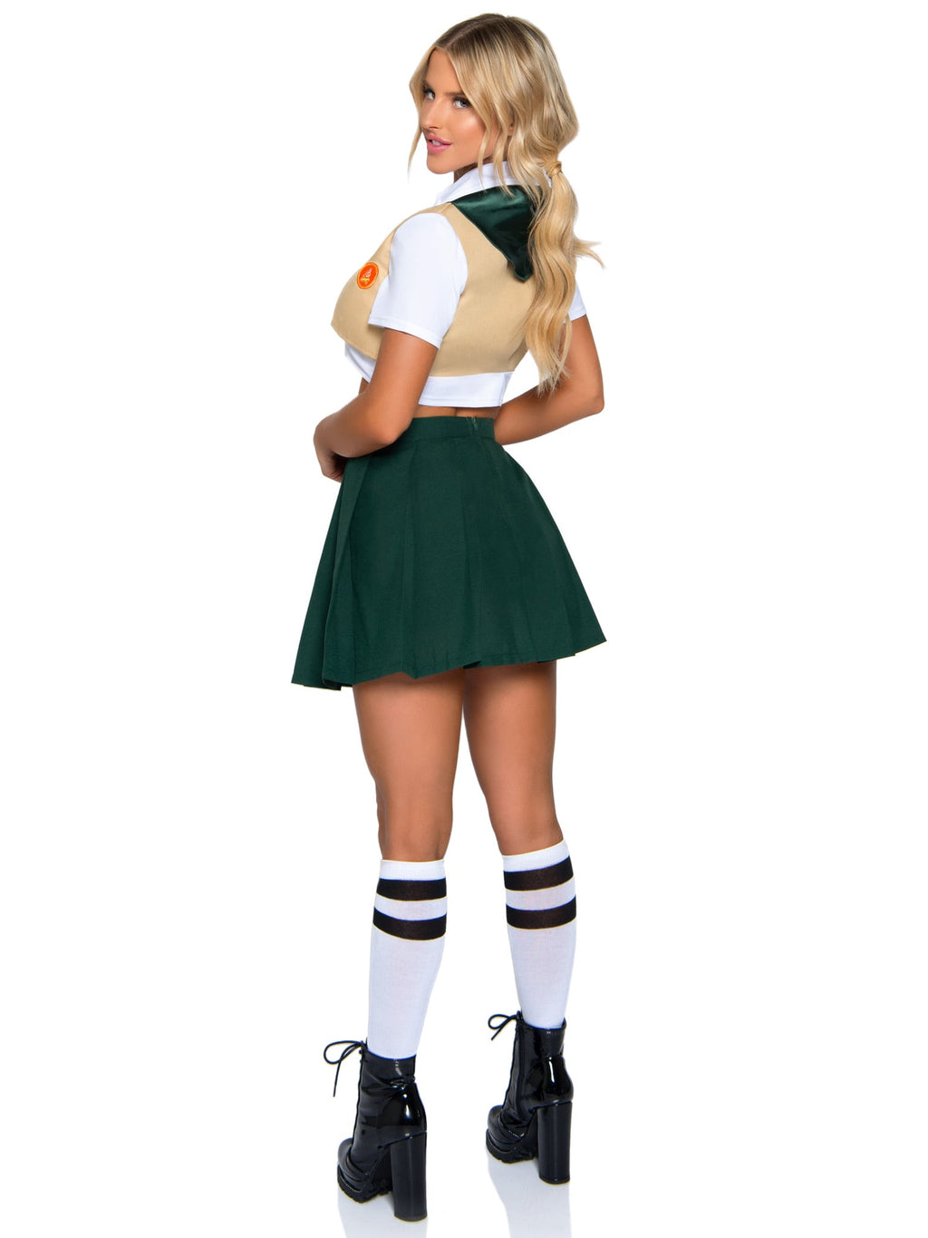 3 PC Sexy Scout Costume, Includes Top with Attached Vest and Badge Accents, Neckerchief, and Pleated Skirt