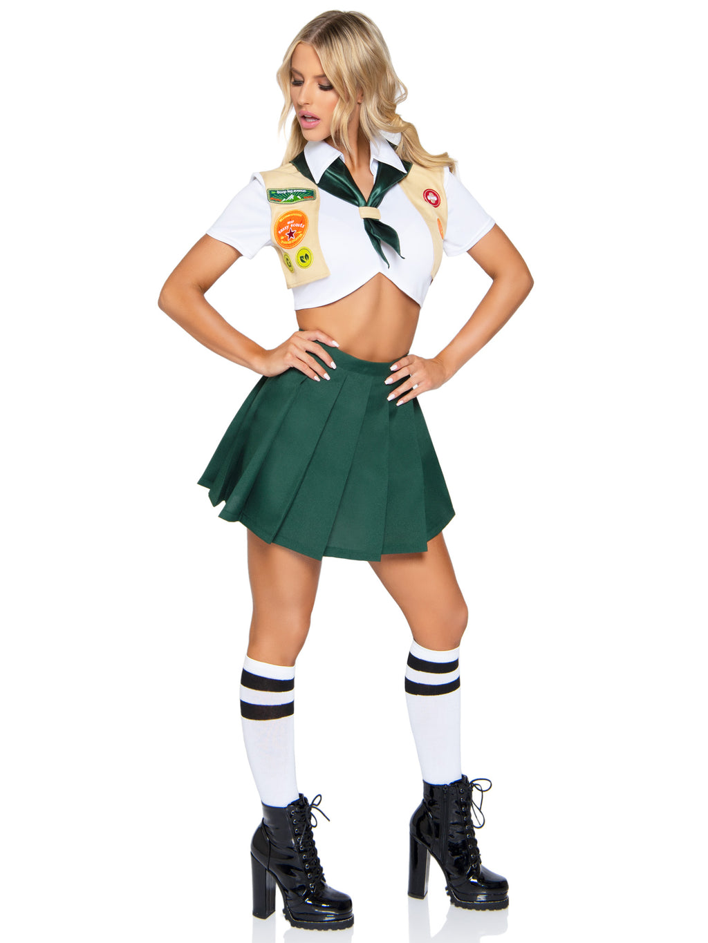 3 PC Sexy Scout Costume, Includes Top with Attached Vest and Badge Accents, Neckerchief, and Pleated Skirt