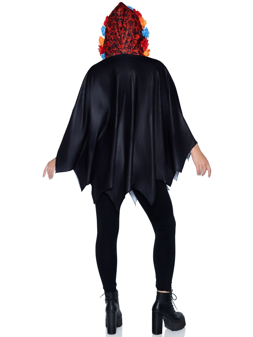 1 PC Day of The Dead Poncho Costume, Includes Skeleton Detail and Lace Print Hood with Floral Accents