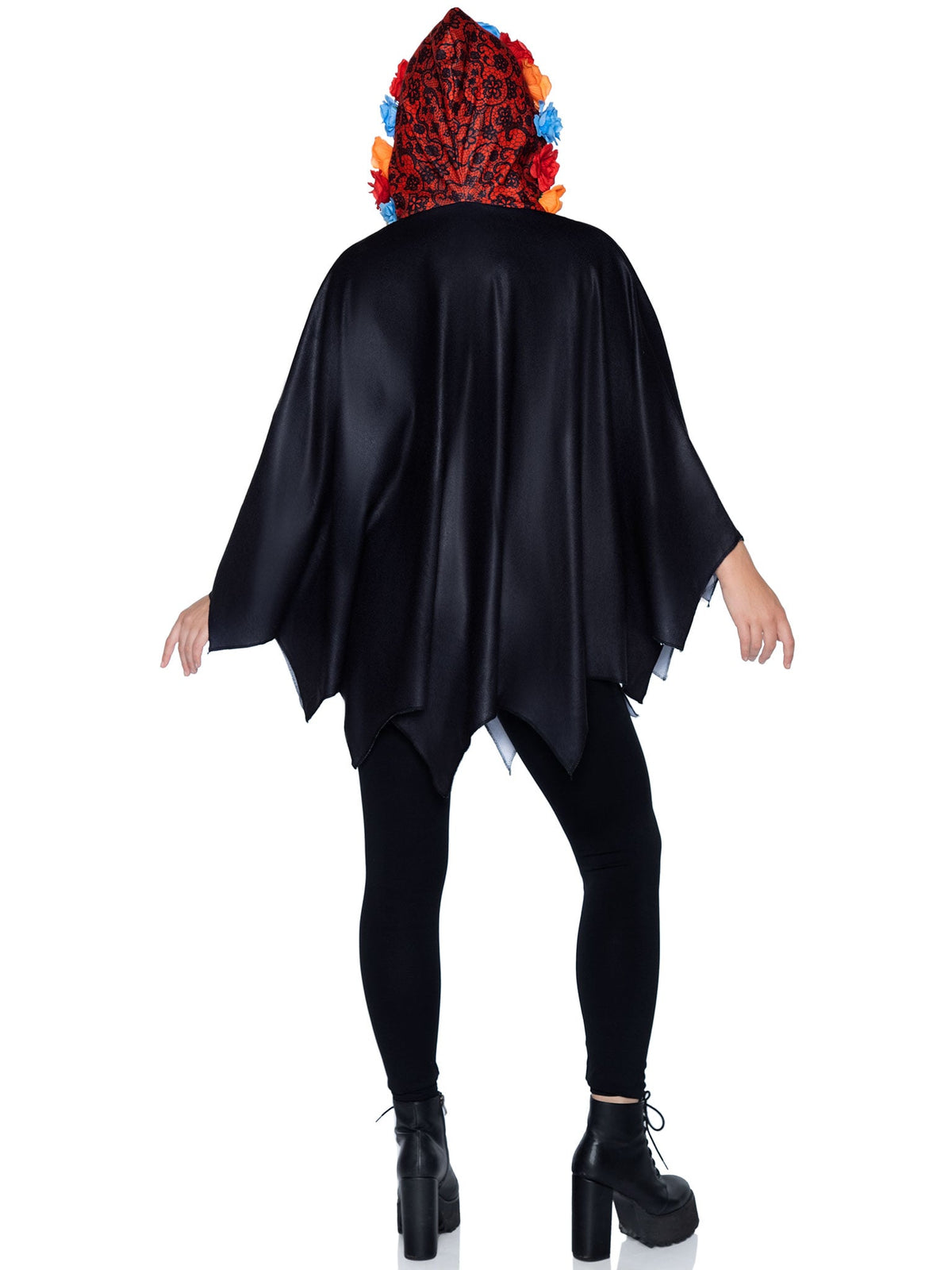 1 PC Day of The Dead Poncho Costume, Includes Skeleton Detail and Lace Print Hood with Floral Accents