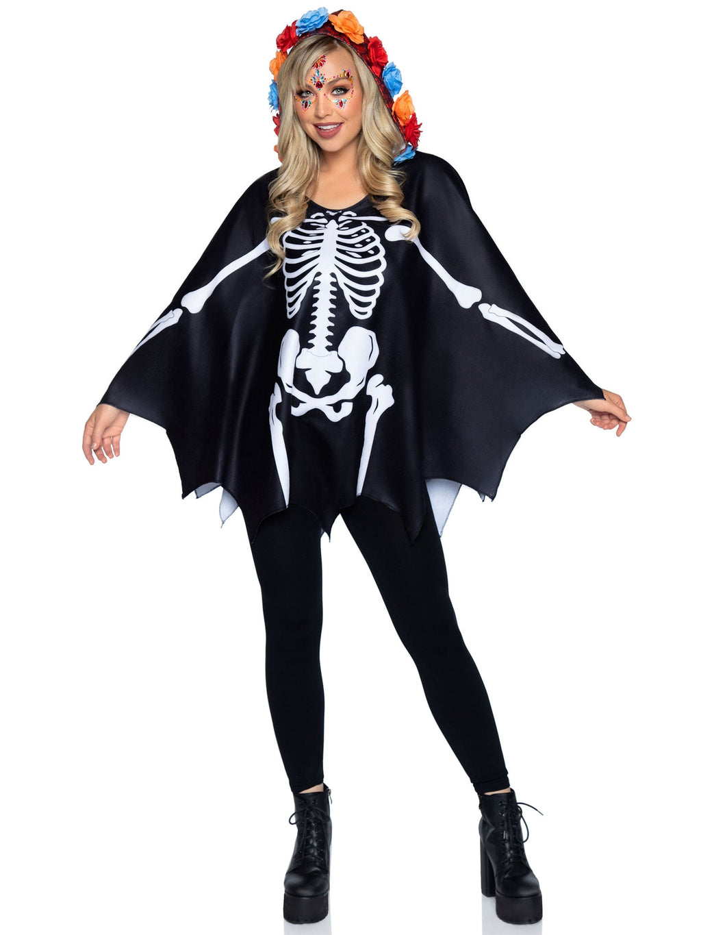 1 PC Day of The Dead Poncho Costume, Includes Skeleton Detail and Lace Print Hood with Floral Accents