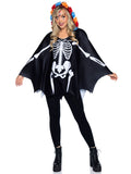 1 PC Day of The Dead Poncho Costume, Includes Skeleton Detail and Lace Print Hood with Floral Accents