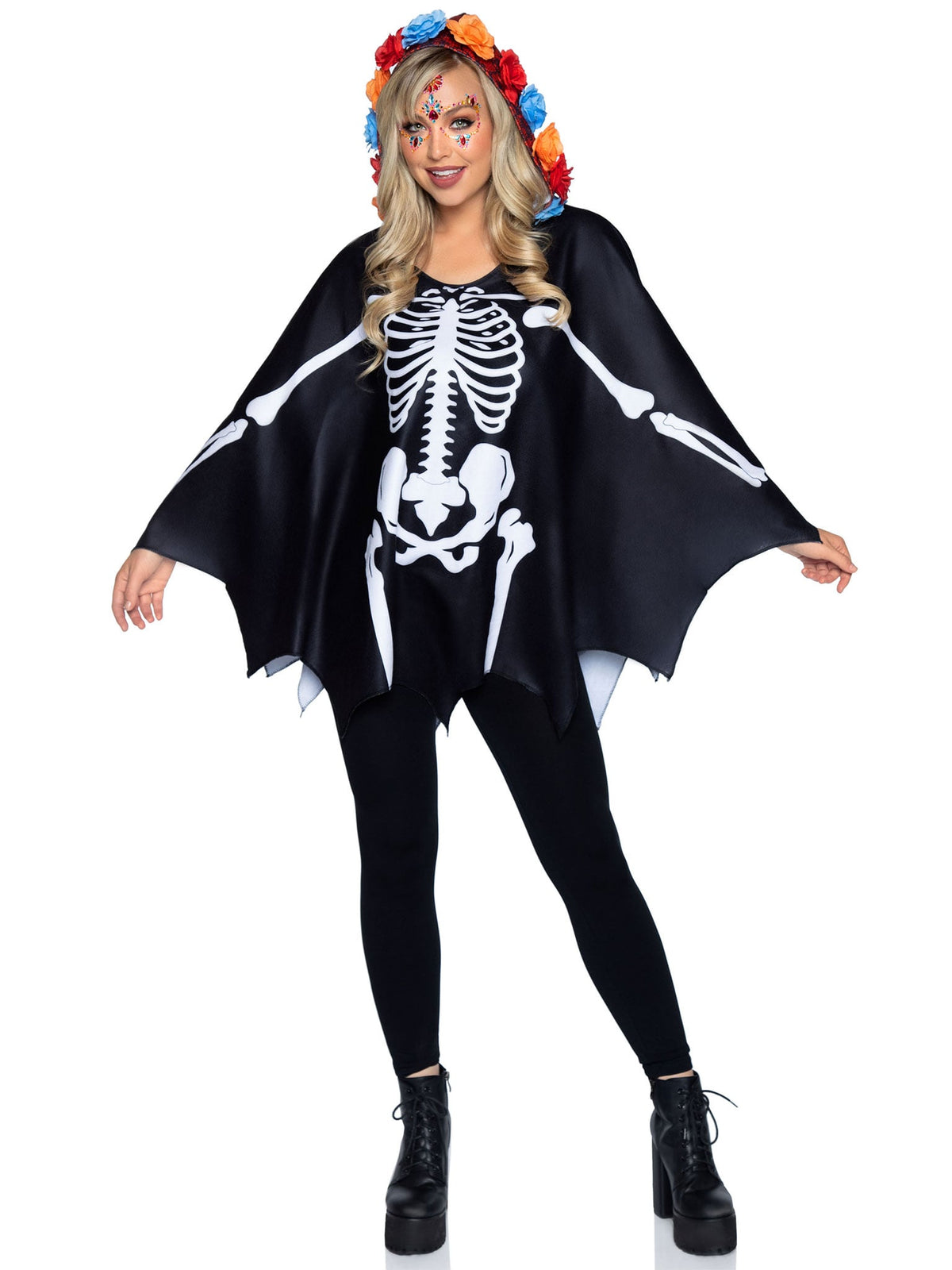 1 PC Day of The Dead Poncho Costume, Includes Skeleton Detail and Lace Print Hood with Floral Accents