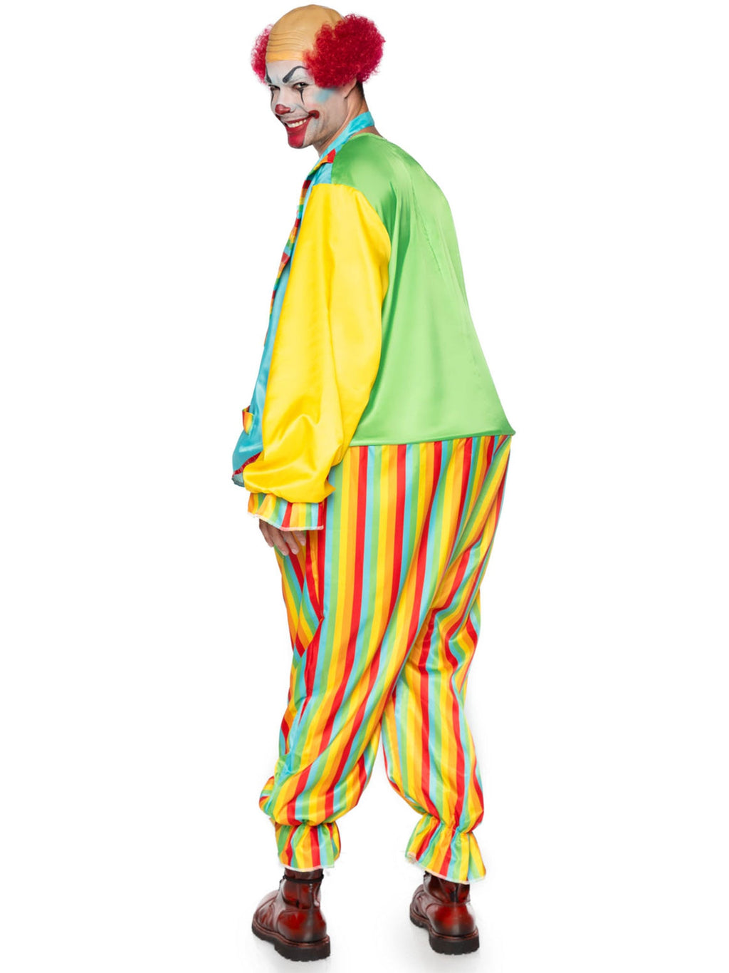 Men's 2 PC Circus Clown Costume, Includes Satin Rainbow Jumpsuit with Ring Waist and Matching Oversized Tie
