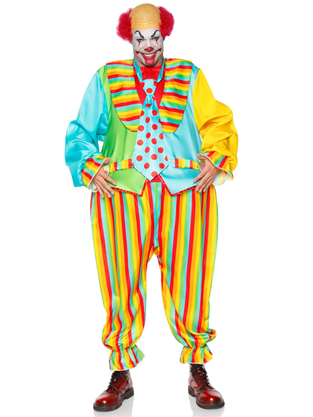 Men's 2 PC Circus Clown Costume, Includes Satin Rainbow Jumpsuit with Ring Waist and Matching Oversized Tie