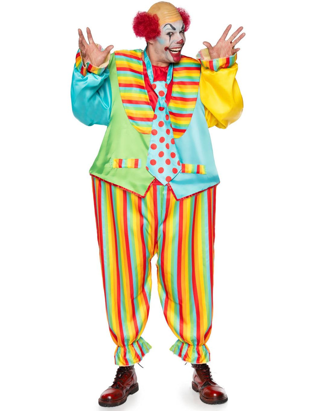Men's 2 PC Circus Clown Costume, Includes Satin Rainbow Jumpsuit with Ring Waist and Matching Oversized Tie