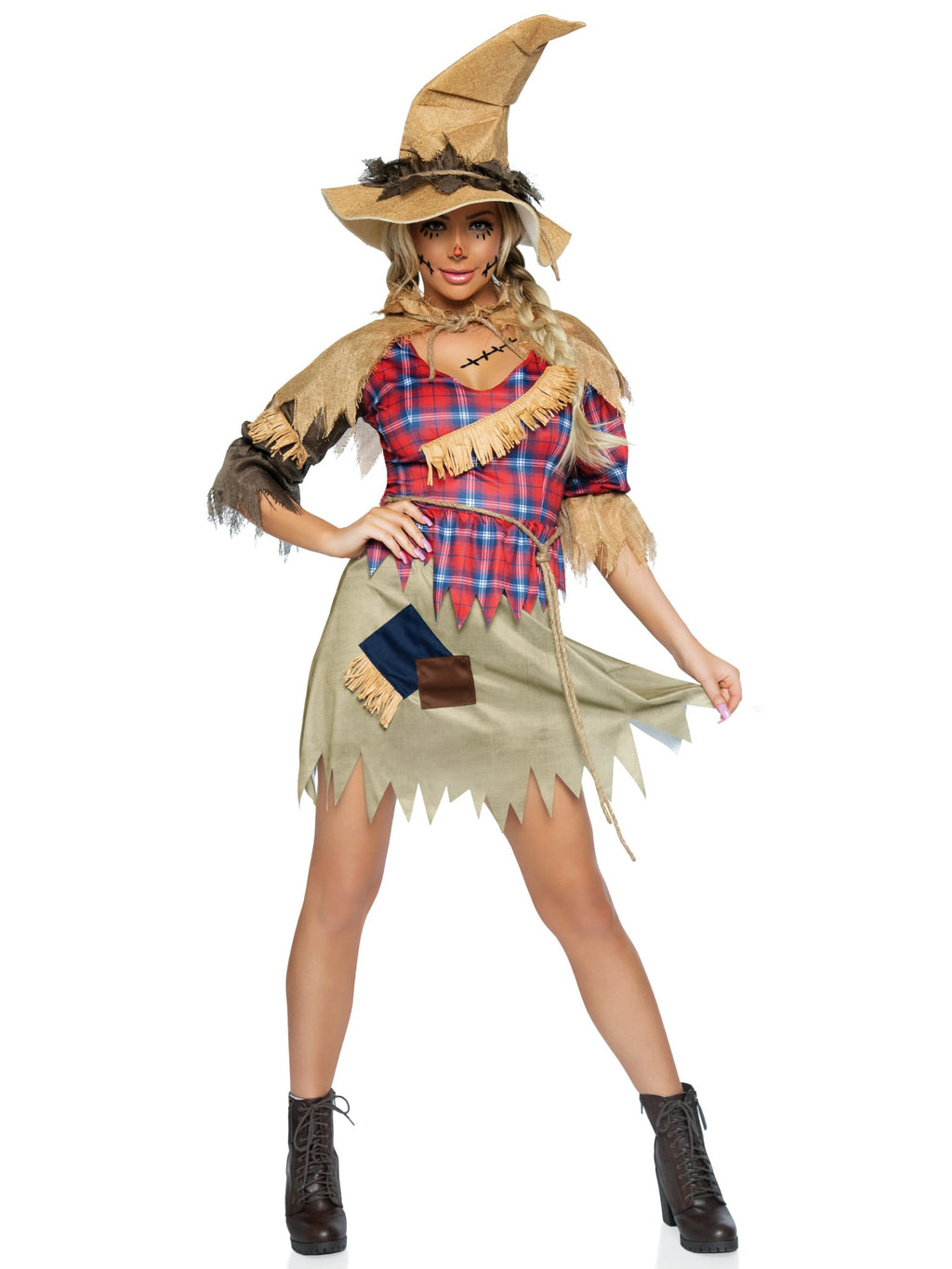 4 PC Scarecrow Cutie Costume, Includes Patchwork Dress with Straw Accents, Burlap Shawl, Rope Belt, and Scarecrow Hat