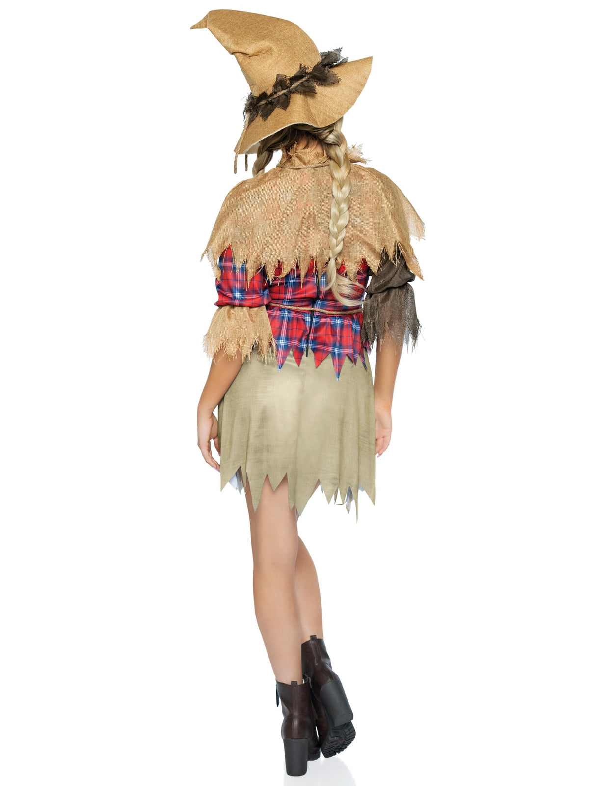 4 PC Scarecrow Cutie Costume, Includes Patchwork Dress with Straw Accents, Burlap Shawl, Rope Belt, and Scarecrow Hat