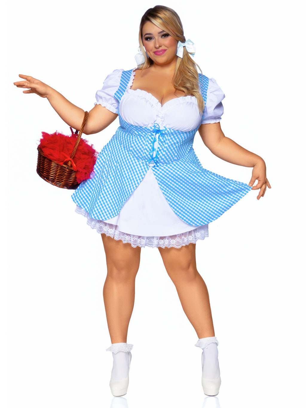 Plus Size Gingham Dress with Lace Up Front and Split Skirt Accent