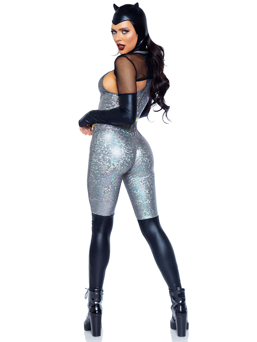 4 PC Feline Felon Costume, Includes Holographic Catsuit with Boot Detail, Fishnet Gloved Shrug, Cat Ear Skull Cap, and Belt