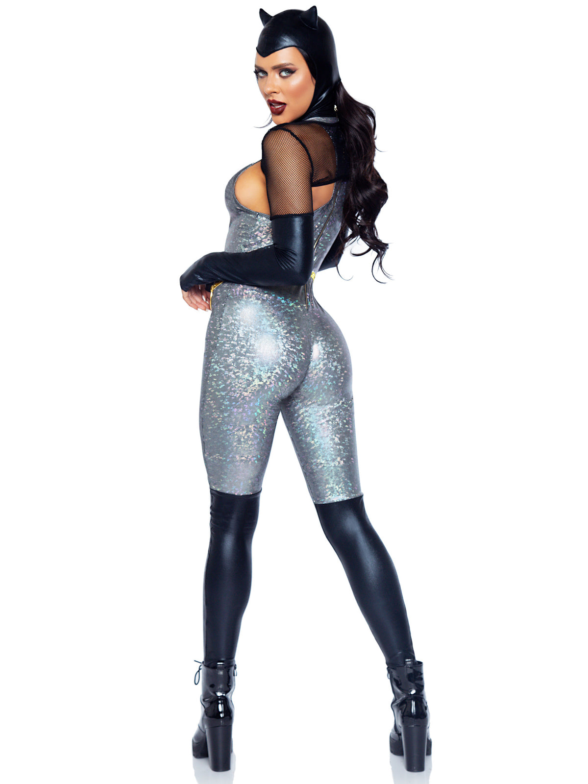 4 PC Feline Felon Costume, Includes Holographic Catsuit with Boot Detail, Fishnet Gloved Shrug, Cat Ear Skull Cap, and Belt