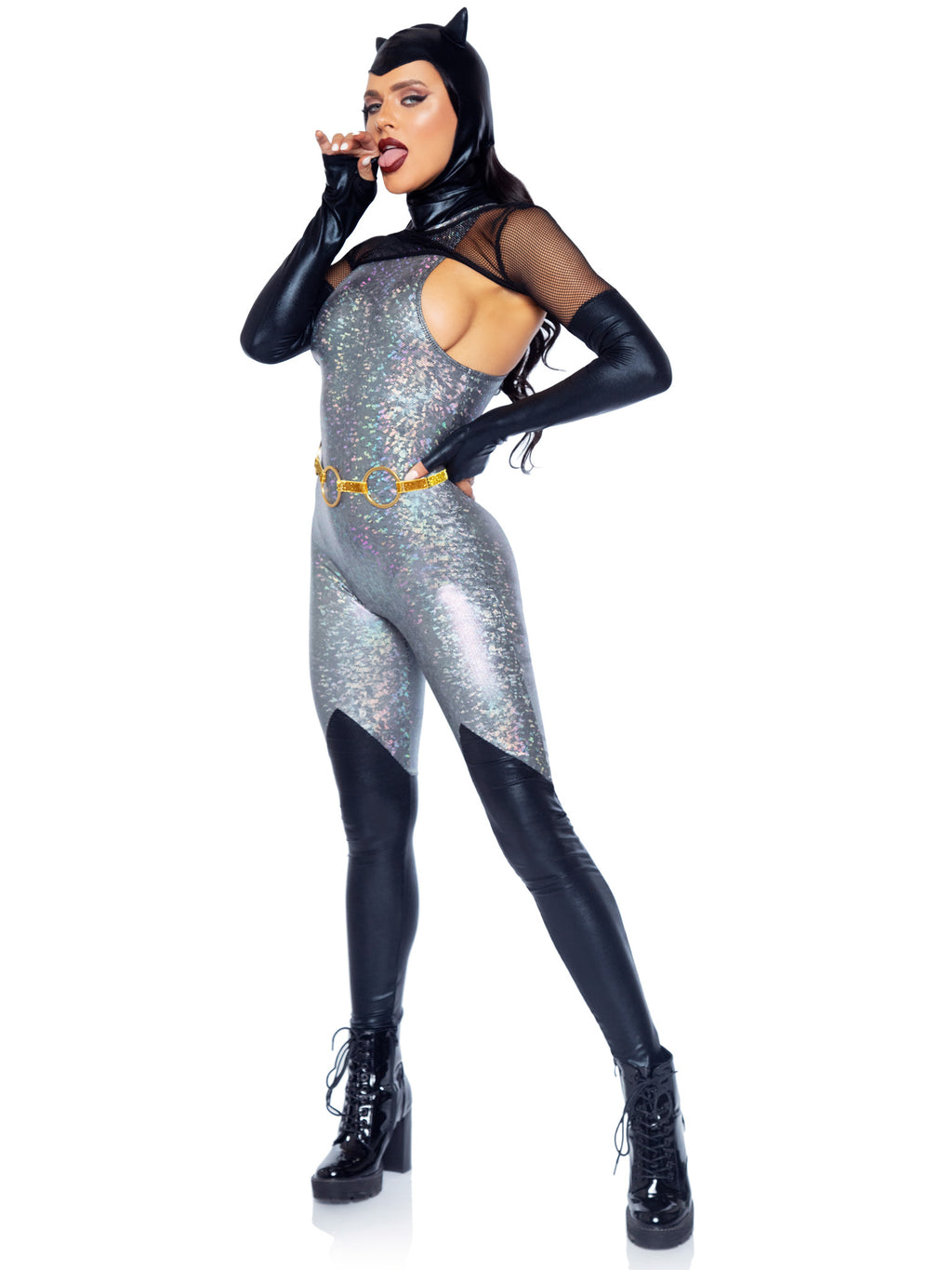 4 PC Feline Felon Costume, Includes Holographic Catsuit with Boot Detail, Fishnet Gloved Shrug, Cat Ear Skull Cap, and Belt