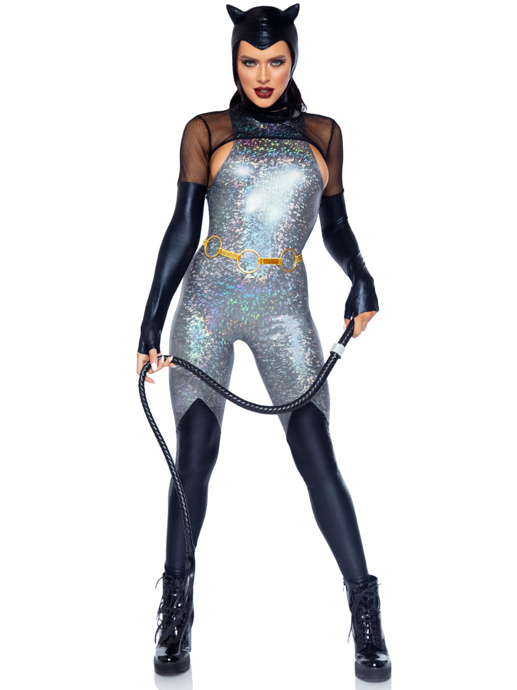 4 PC Feline Felon Costume, Includes Holographic Catsuit with Boot Detail, Fishnet Gloved Shrug, Cat Ear Skull Cap, and Belt