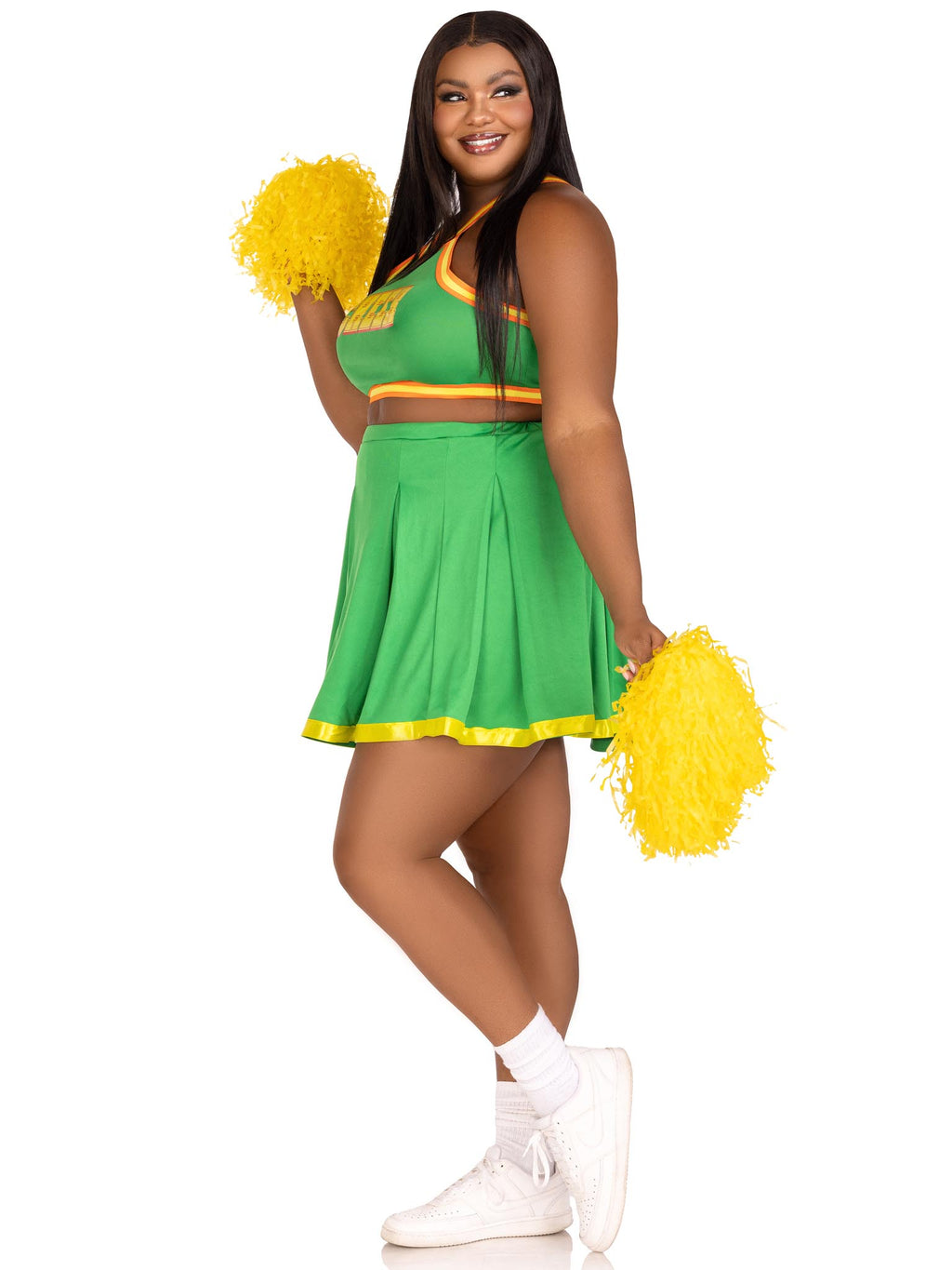 Plus Size 3 PC Bring It Baddie, Includes Top with Cheer Logo, Pleated Skirt, and Pom-Poms
