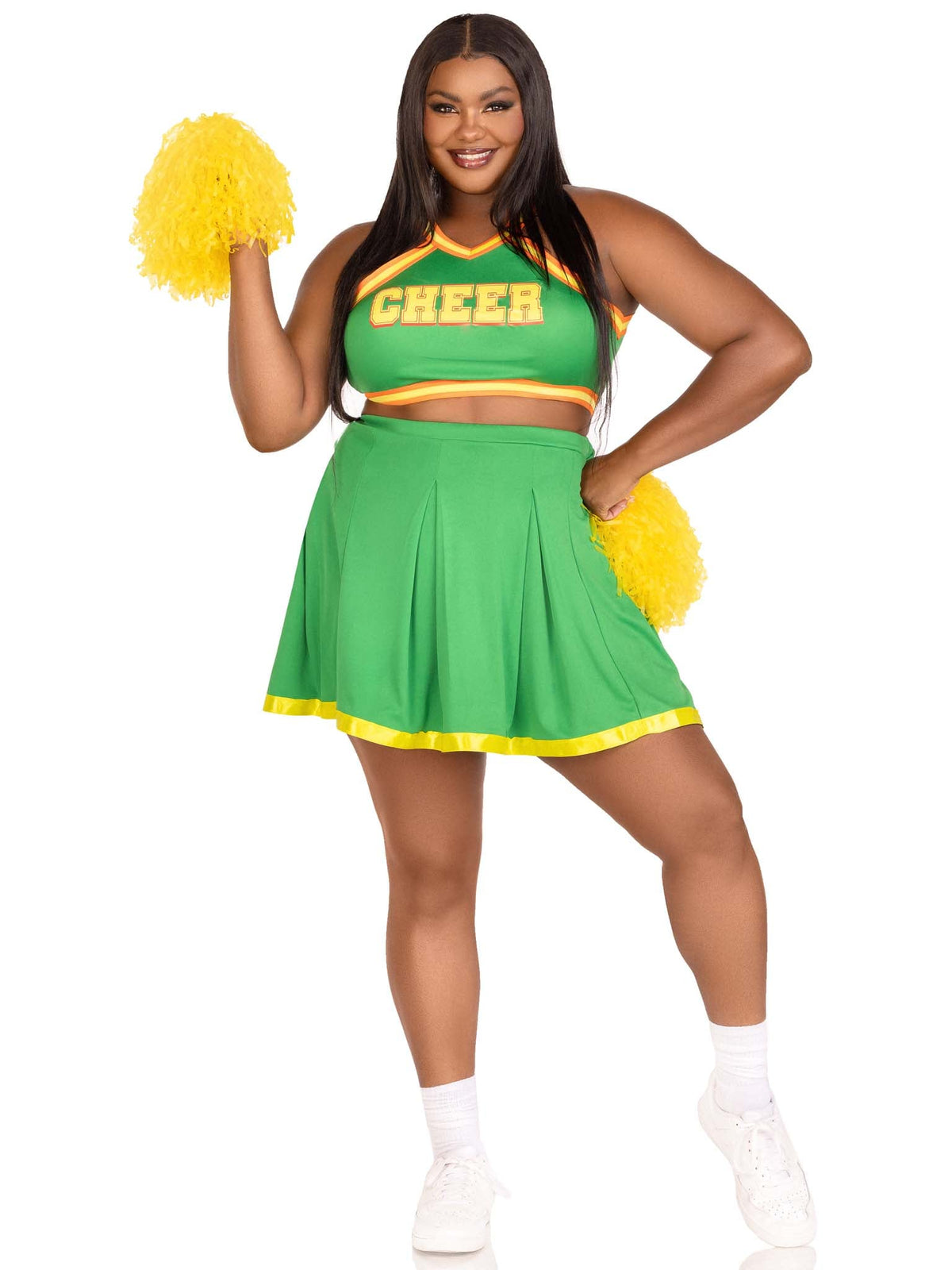 Plus Size 3 PC Bring It Baddie, Includes Top with Cheer Logo, Pleated Skirt, and Pom-Poms