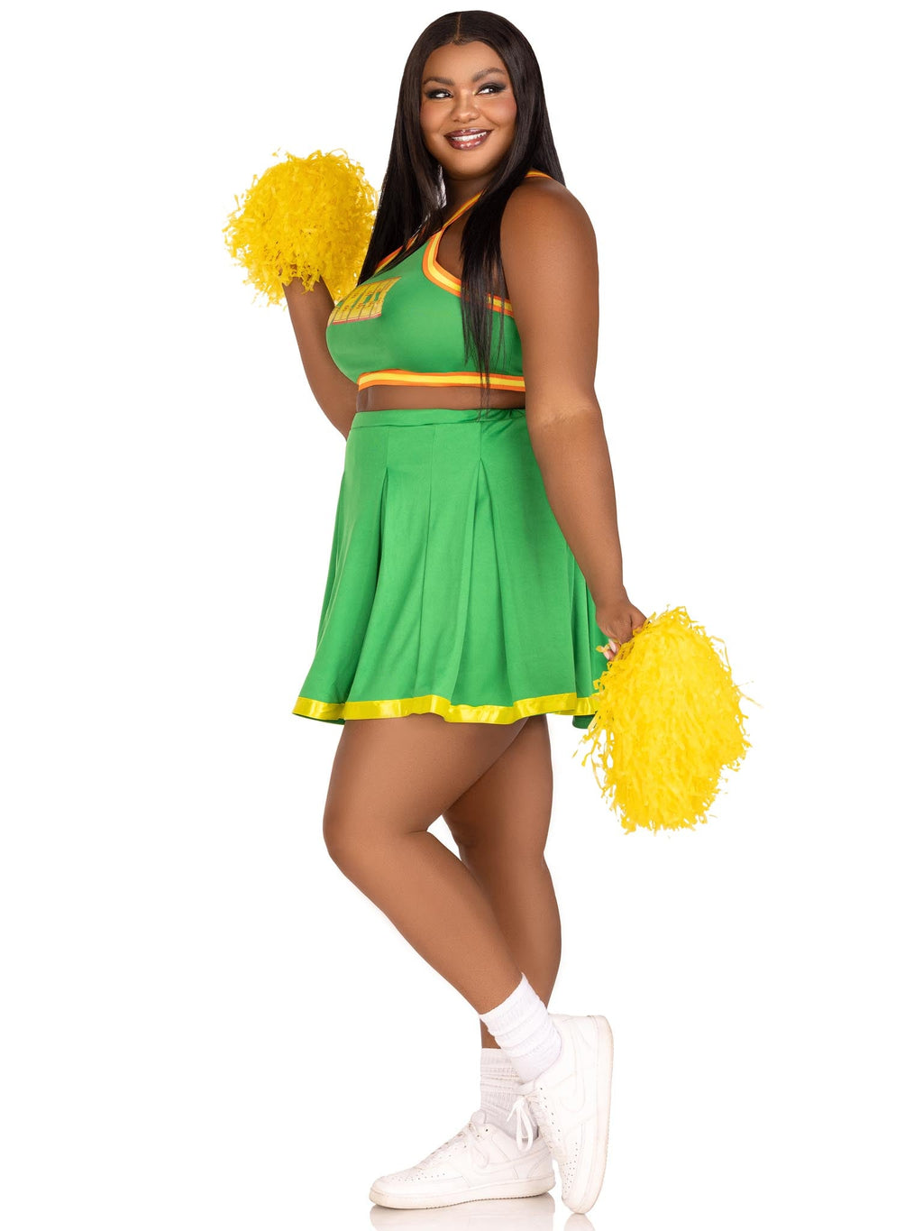 Plus Size 3 PC Bring It Baddie, Includes Top with Cheer Logo, Pleated Skirt, and Pom-Poms