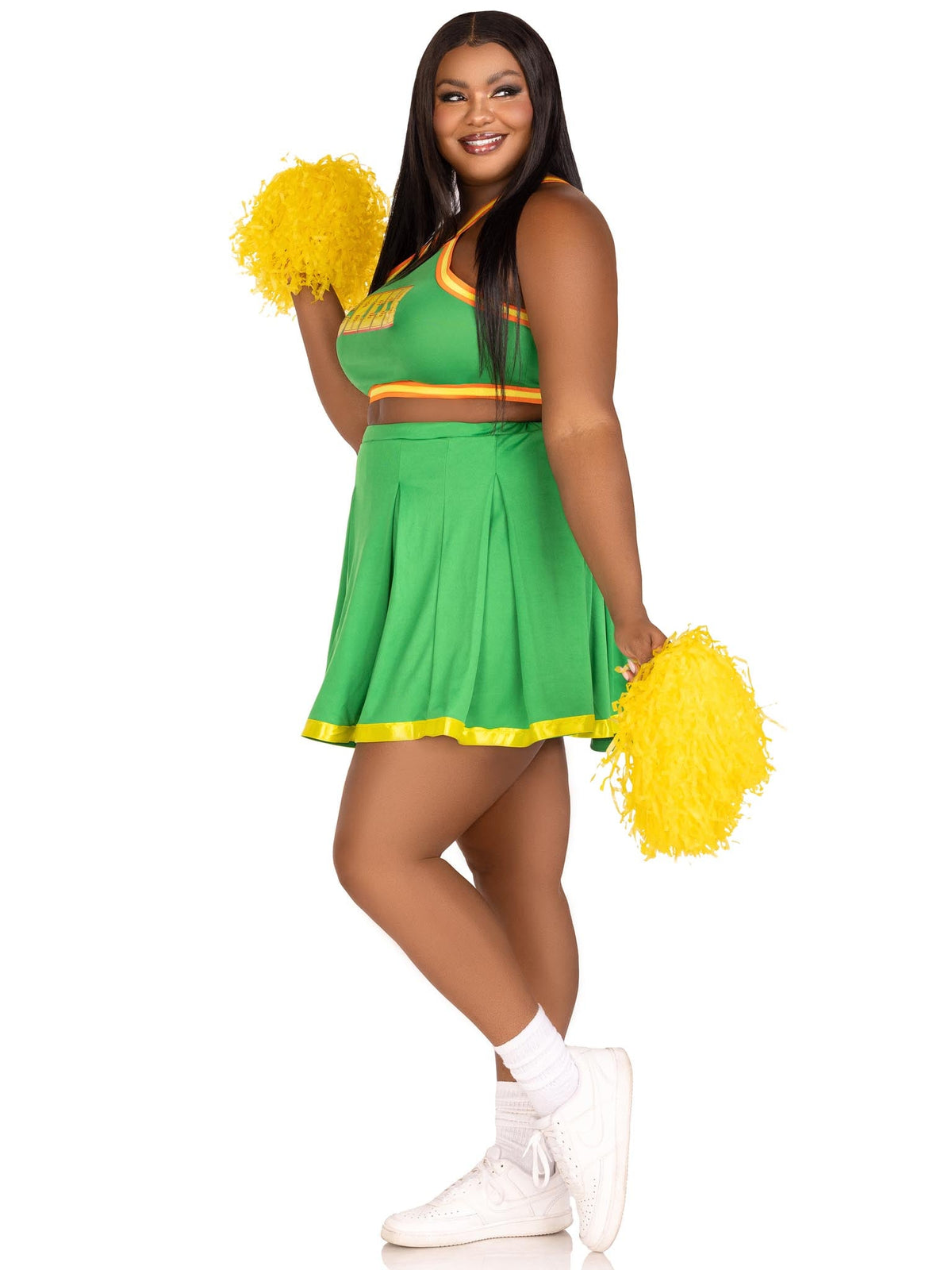 Plus Size 3 PC Bring It Baddie, Includes Top with Cheer Logo, Pleated Skirt, and Pom-Poms