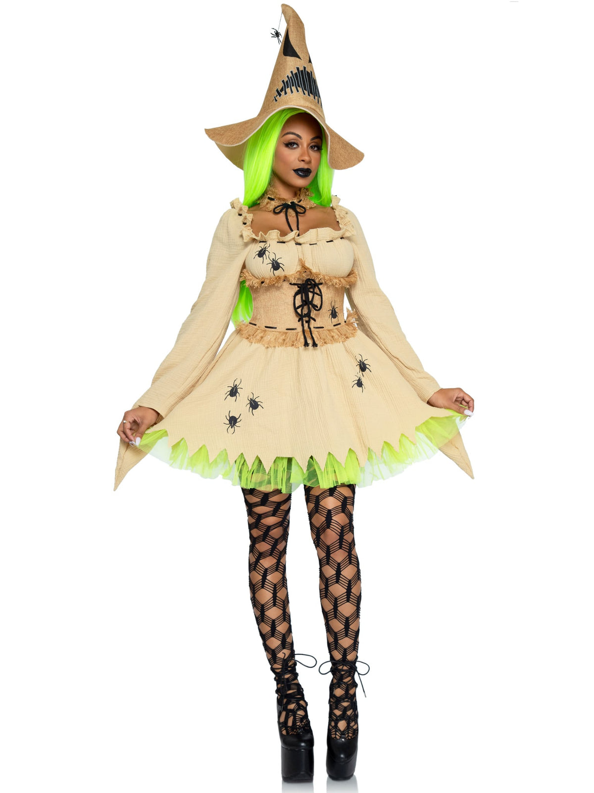3 PC Bugged Out Baddie Costume, Includes Dress with Waist Cincher Detail and Gloved Sleeve, Choker, and Hat with Spider Accent