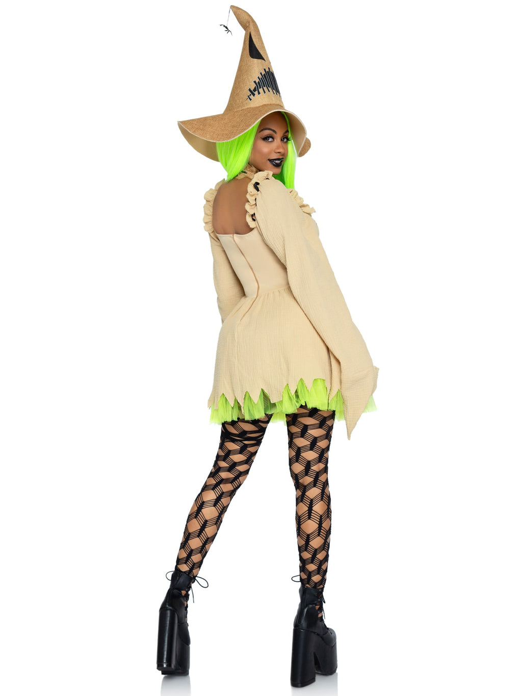 3 PC Bugged Out Baddie Costume, Includes Dress with Waist Cincher Detail and Gloved Sleeve, Choker, and Hat with Spider Accent