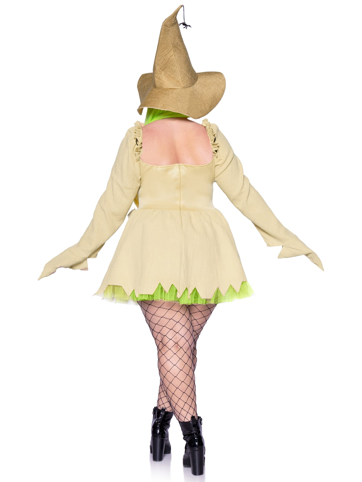 Plus Size 3 PC Bugged Out Baddie Costume, Includes Dress with Waist Cincher Detail and Gloved Sleeve, Choker, and Hat with Spider Accent