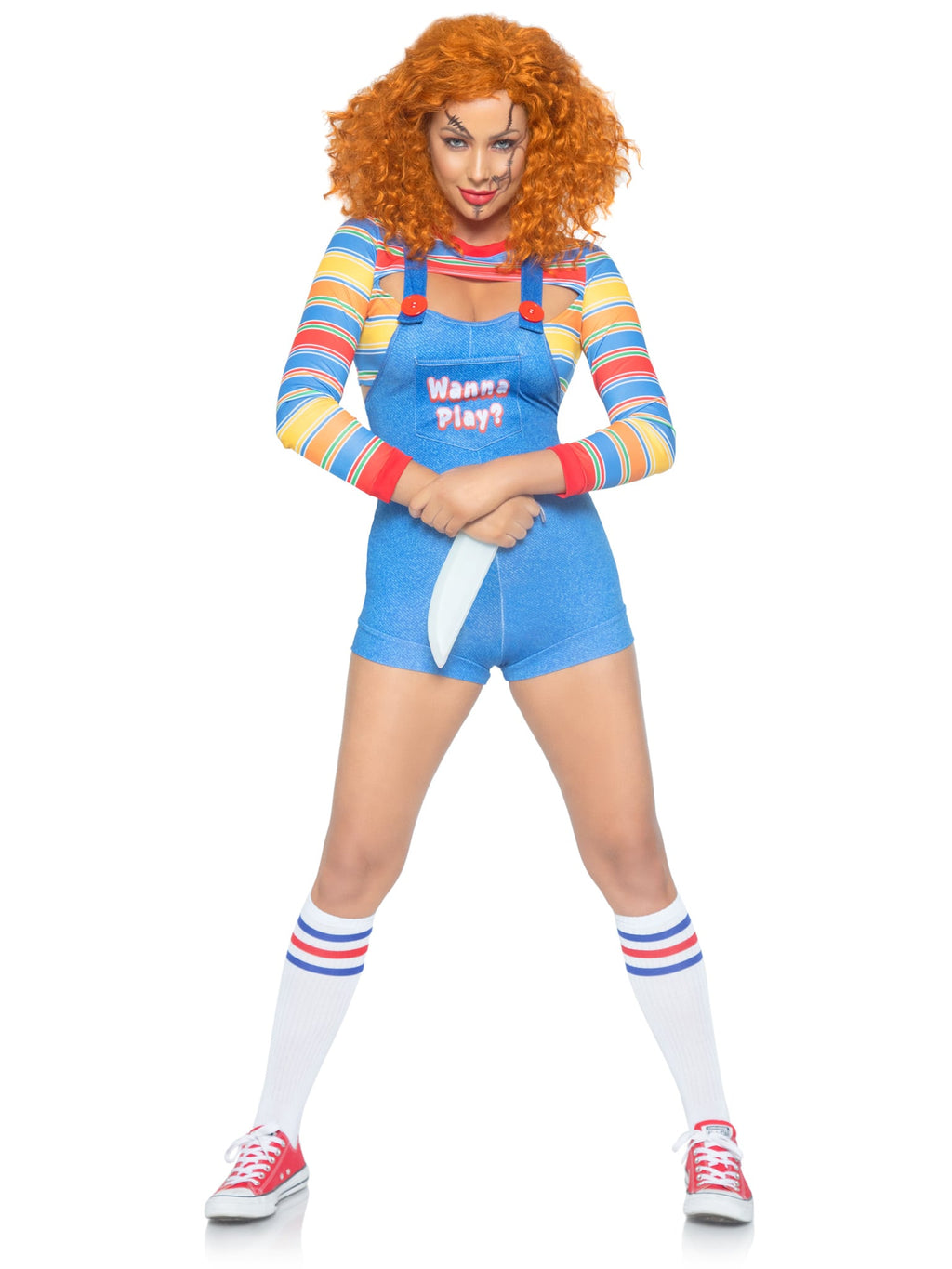 2 PC Demon Doll Costume, Includes Striped Crop Top and Denim-Look Romper Overalls