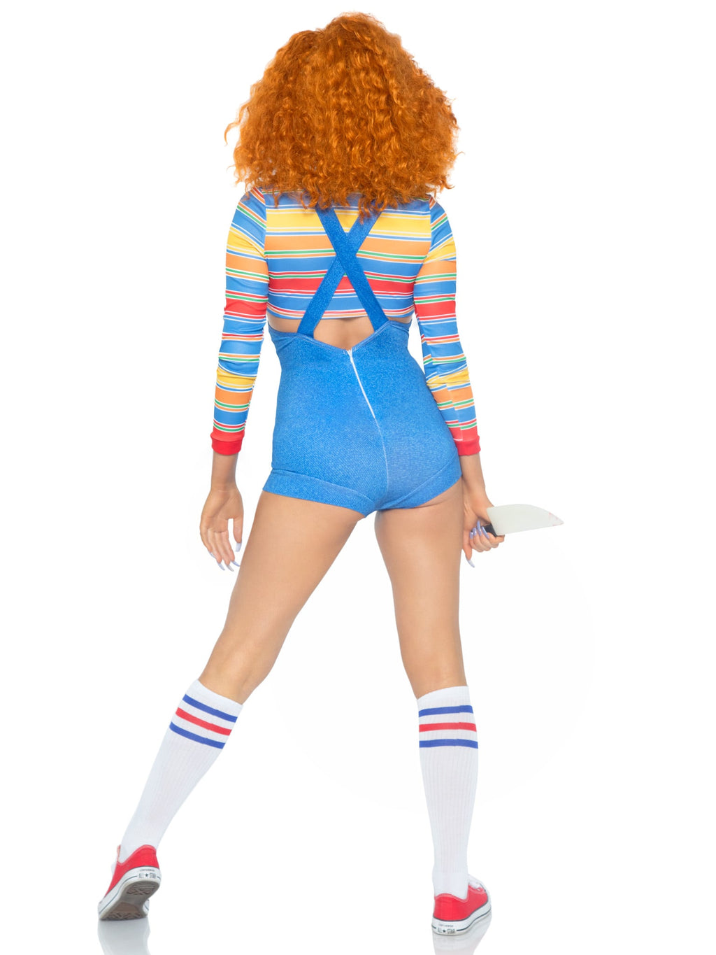2 PC Demon Doll Costume, Includes Striped Crop Top and Denim-Look Romper Overalls