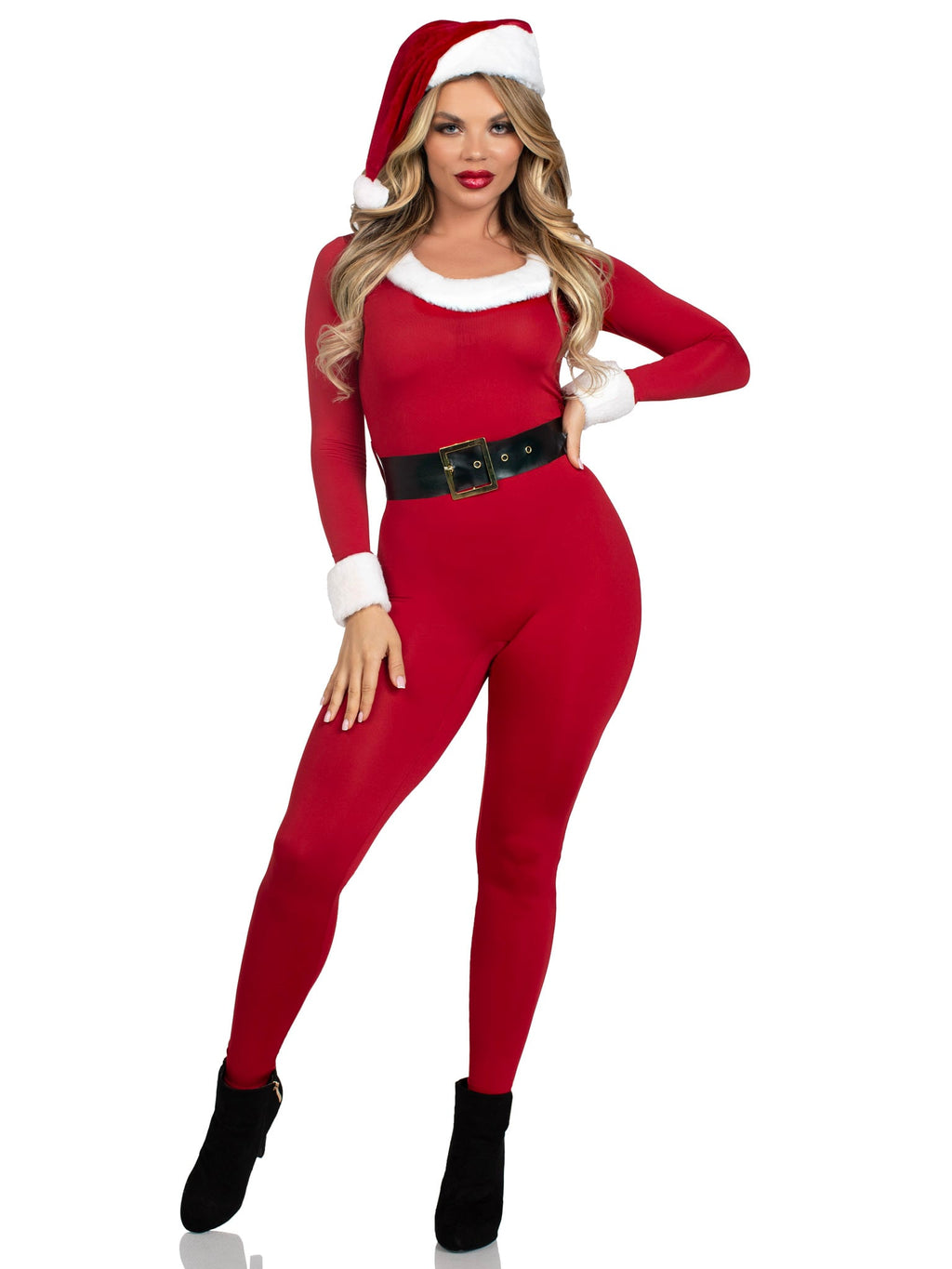 3 PC Santa Baby Costume, Includes Spandex Jumpsuit with Fur Trim, Belt, and Santa Hat