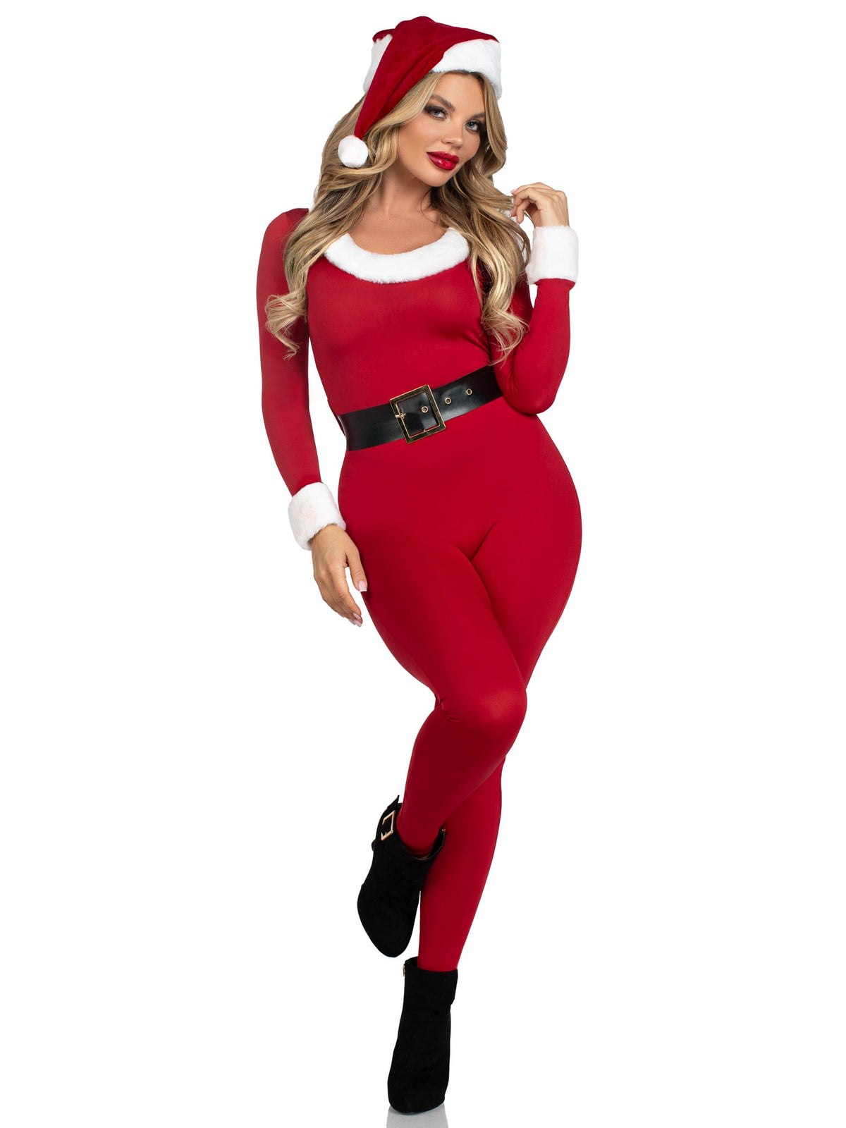 3 PC Santa Baby Costume, Includes Spandex Jumpsuit with Fur Trim, Belt, and Santa Hat