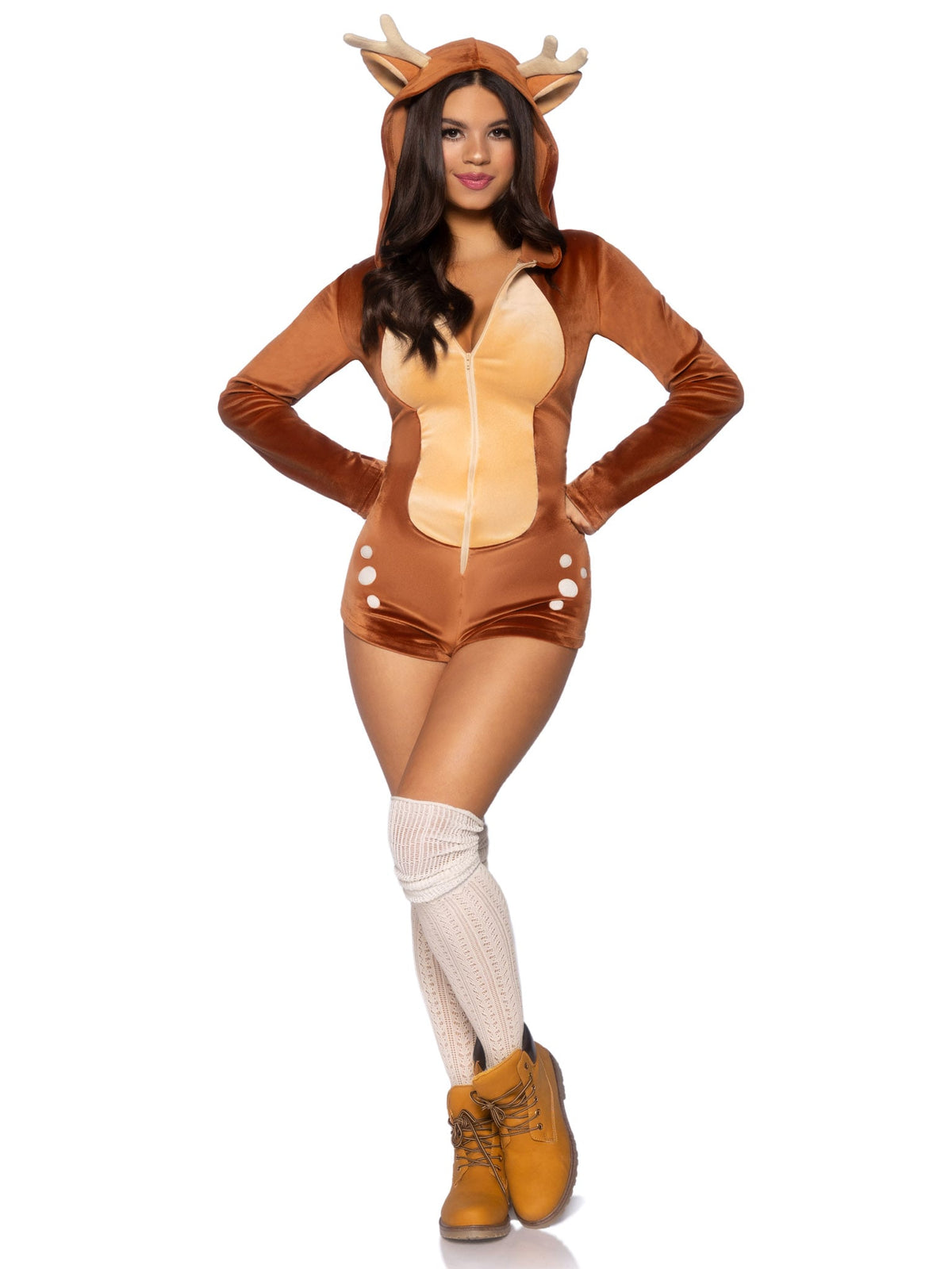 1 PC Comfy Fawn Costume, Includes Ultra-Soft Velvet Plush Zip Up Romper with Spotted Detail, Antler and Ear Hood, and Cheeky Paneled Booty with Fawn Tail