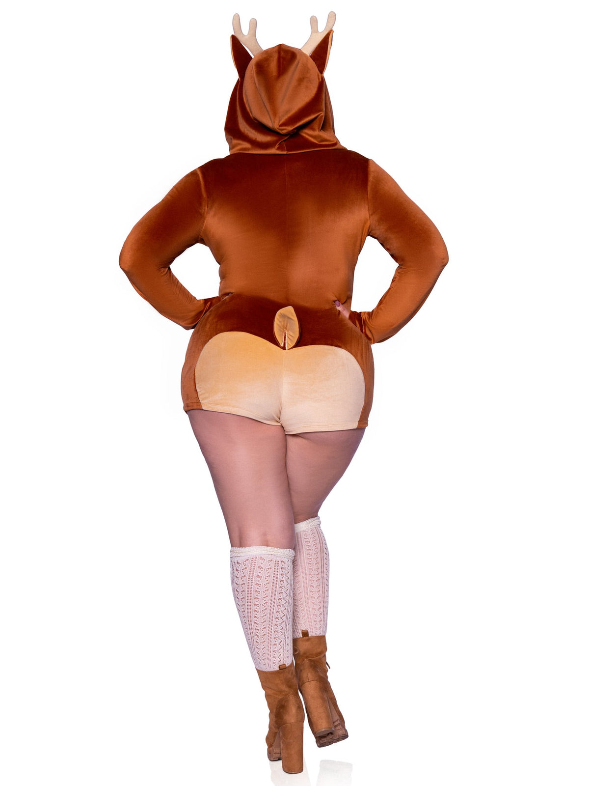 Plus Size 1 PC Comfy Fawn Costume, Includes Ultra-Soft Velvet Plush Zip Up Romper with Spotted Detail, Antler and Ear Hood, and Cheeky Paneled Booty with Fawn Tail